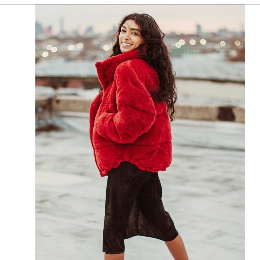 Red teddy jacket from Urban Outfitters
